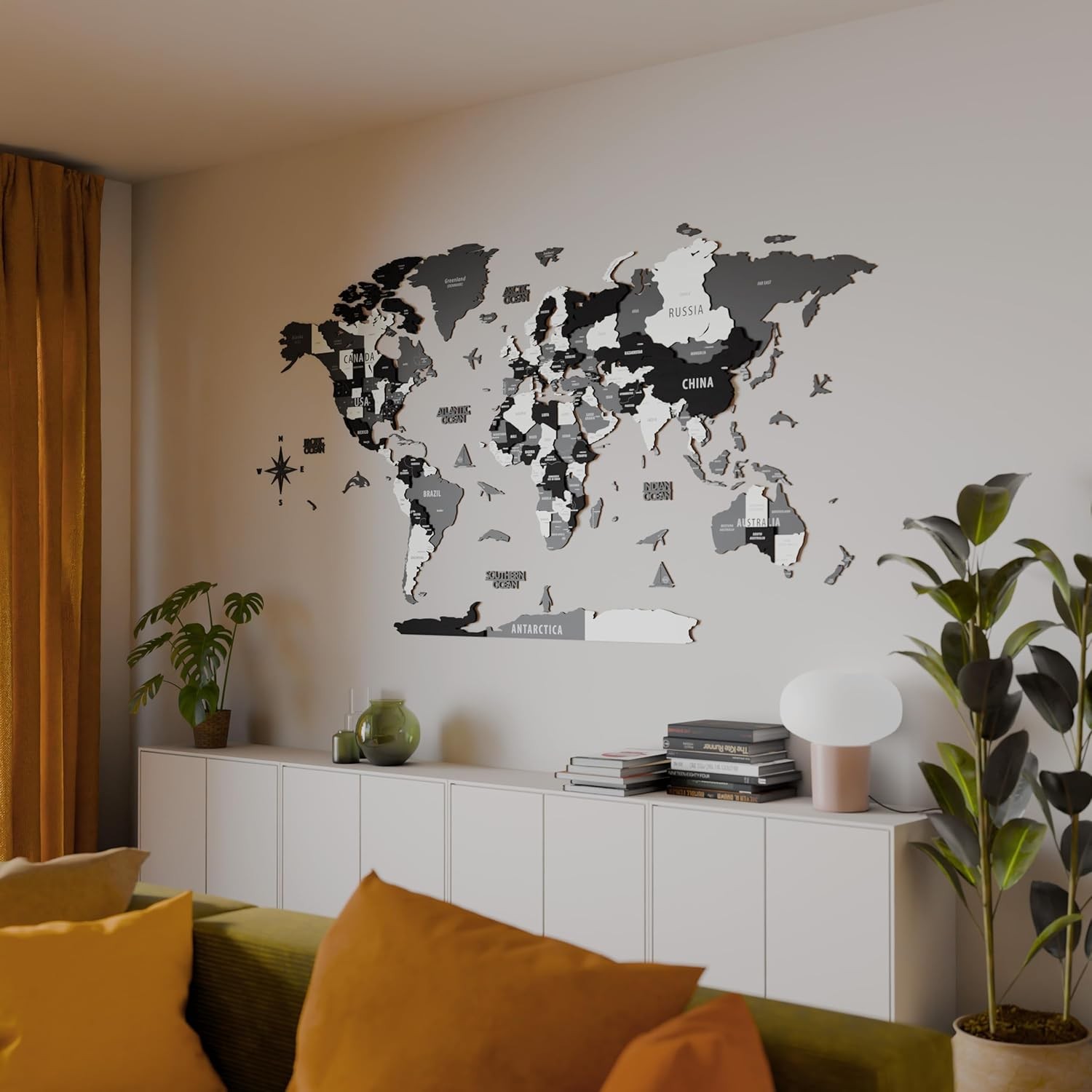 3D Wooden World Map Wall Art Unique Travel Pin Decor for Home Office Grey Medium