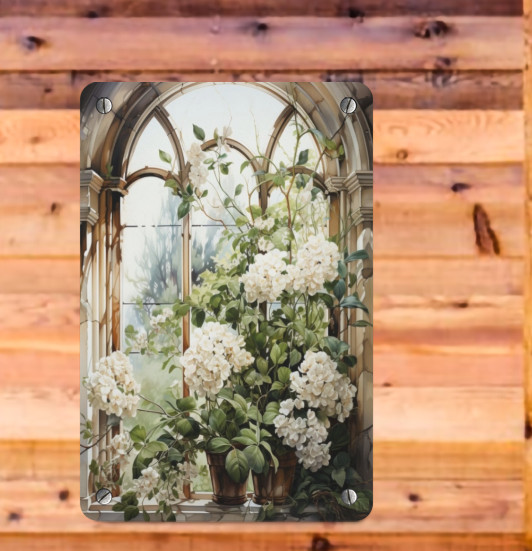 Victorian White Hydrangea Flowers Window Vintage Wall Decor Metal Wall Sign