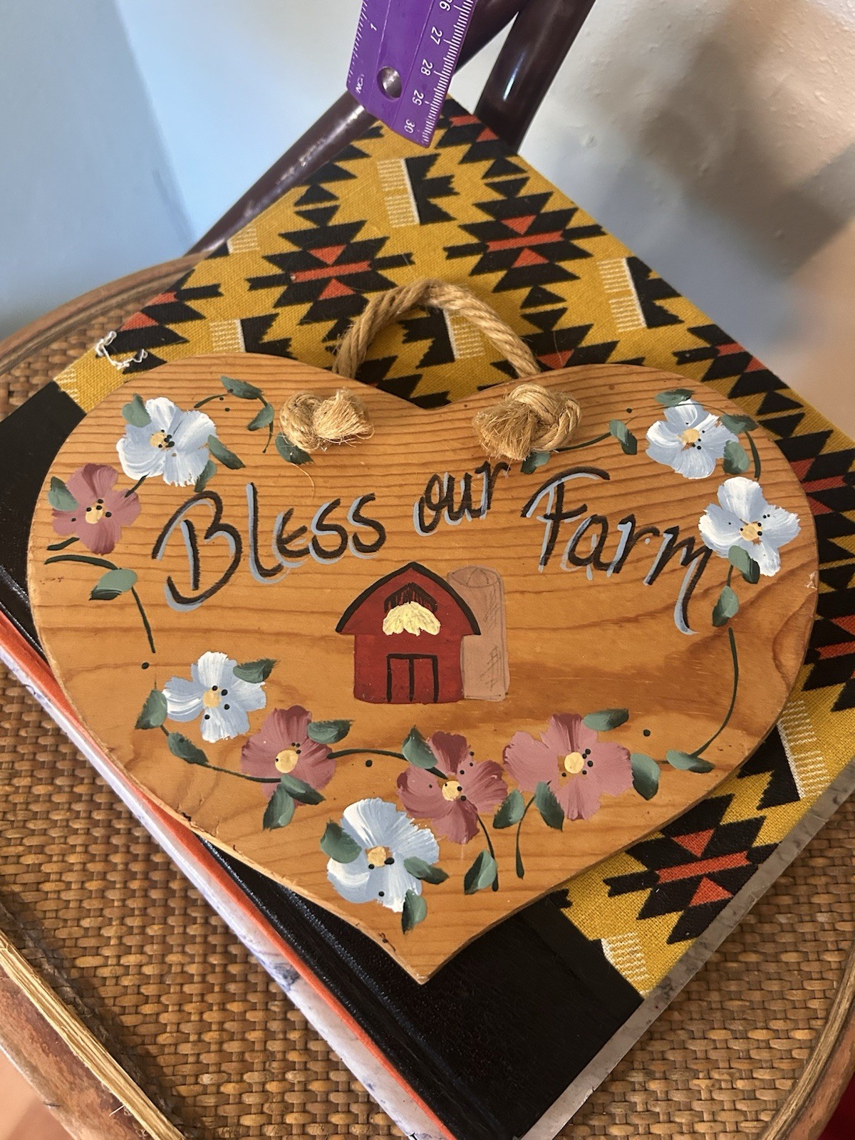 Vintage Bless Our Farm Wood Heart Wall Plaque Floral Medium Hand Painted Barn