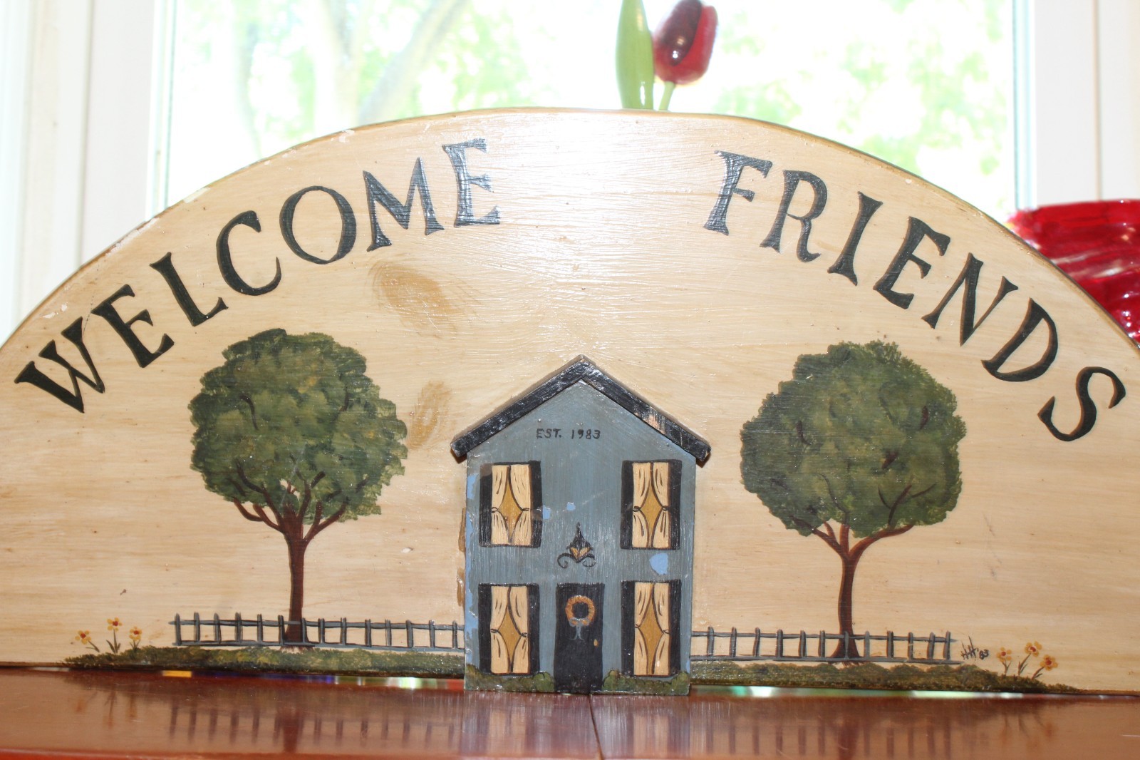 Vintage WELCOME FRIENDS Handcrafted Wood Arched Hand Painted House Sign Plaque