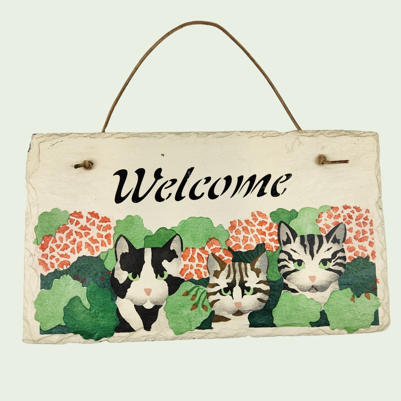 VTG ’79 Slate Cat Sign Handmade Hand‑Painted Welcome Plaque 14X7.75 Cozy Cottage
