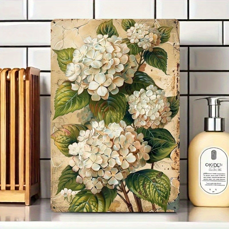 White Hydrangea Metal Sign – Vintage Botanical Tin Wall Art Decor Plaque