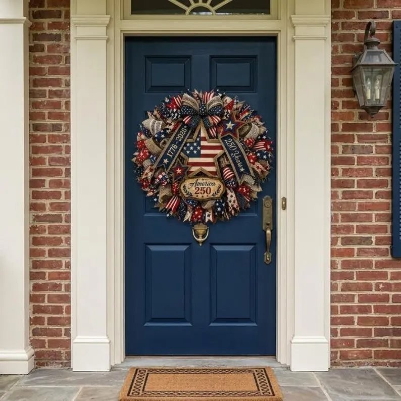 America 250th Years Wooden Wreath, Patriotic Eagle Door Sign, 2D Printed