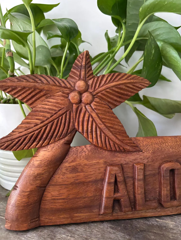 Hawaiian Hand Made Wall Hanging Decor Plaque Wood Carving Sign Palm Tree