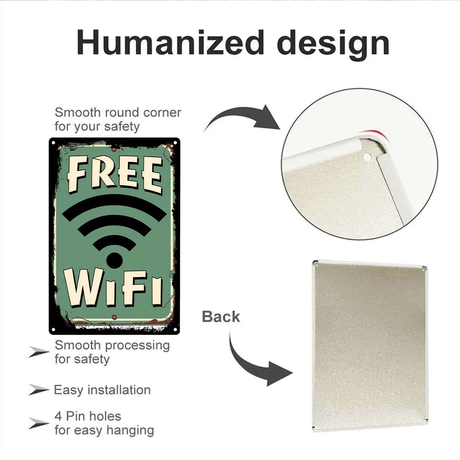 Vintage “Free WiFi” Metal Sign Rustic Green & Yellow 19.99×29.97cm