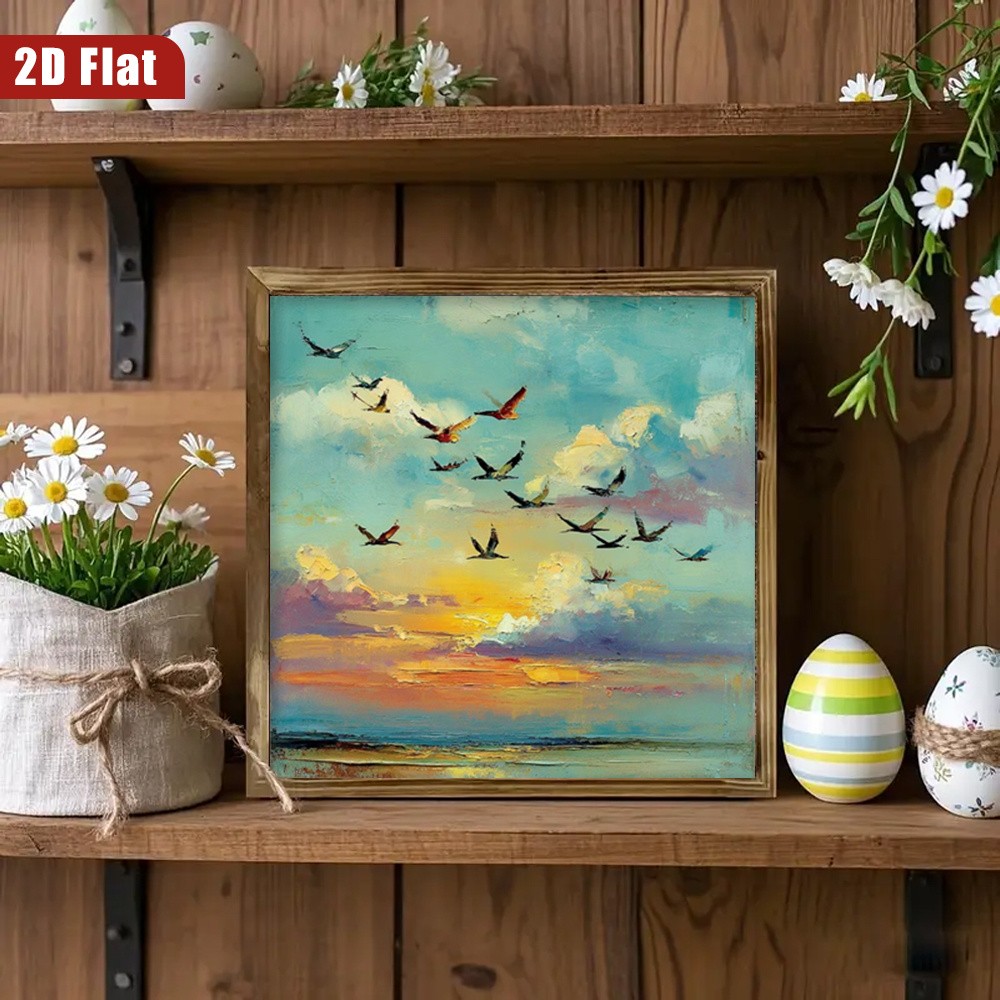 Soft Sunset Sky Flying Seabirds Oil Art Framed Wooden Plaque Home Decor Gift