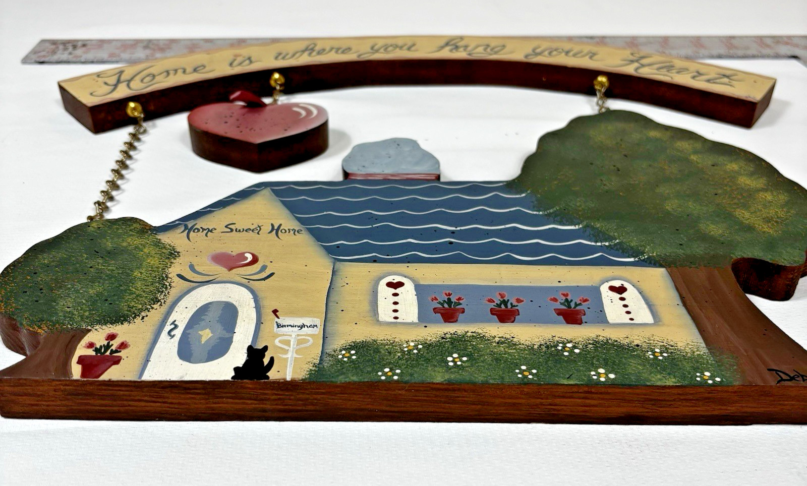 Vintage Folk Art “Home Is Where You Hang Your Heart” Wood Wall Hanging Decor