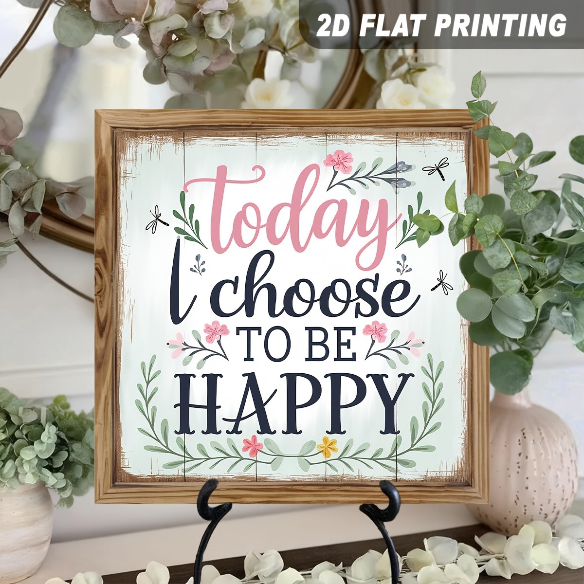 Vintage Today I Choose To Be Happy Wooden Plaque Mothers Day Floral Rustic Gift