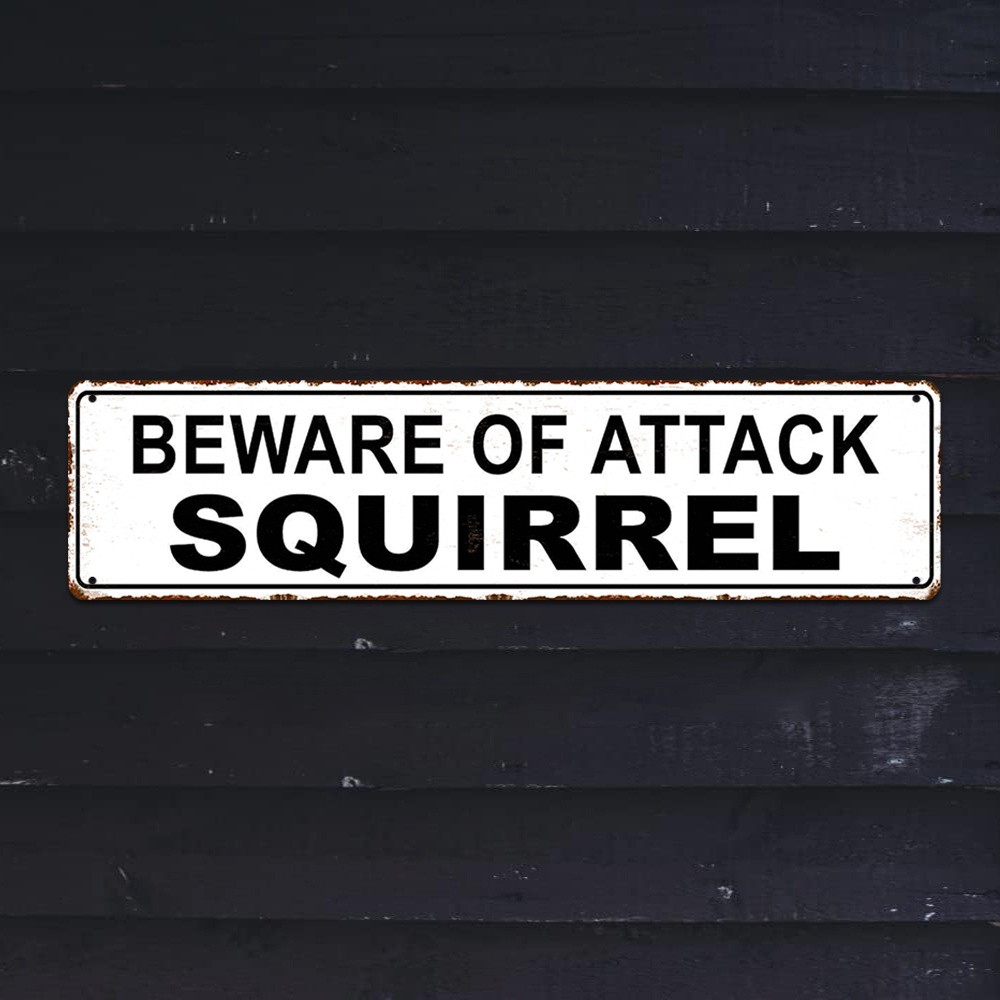 Beware Of Attack Squirrel Vintage White Metal Sign Funny Yard Outdoor Wall Decor
