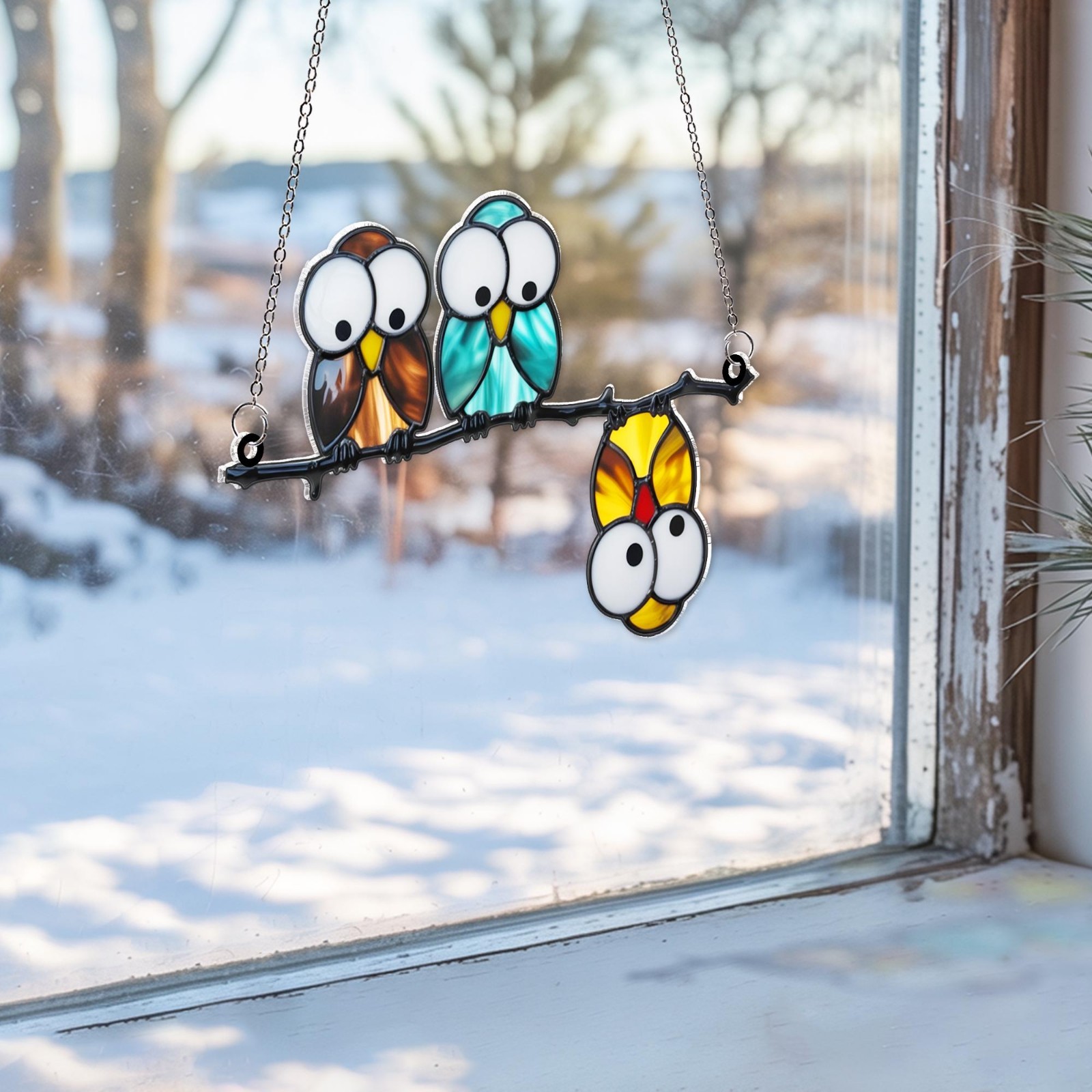 Multicolor Owls on a Branch Acrylic Suncatcher, Funny Hanging Acrylic Owl