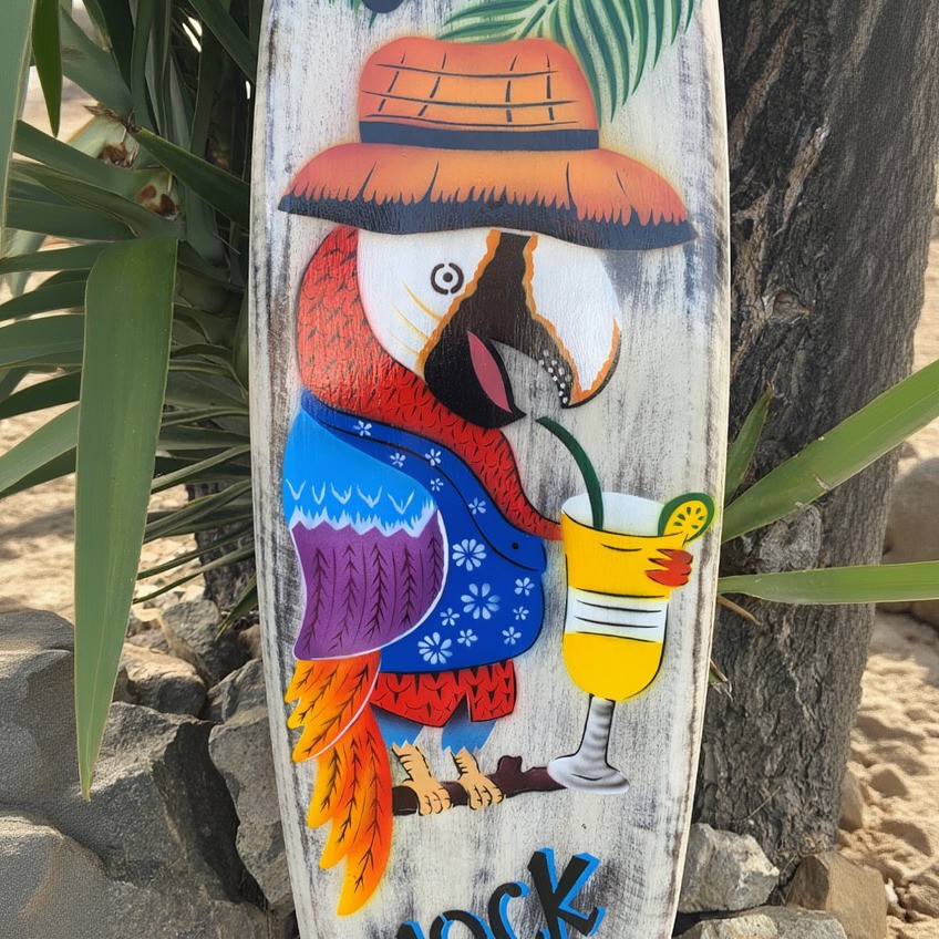 5 O’ Clock Somewhere Parrot Surfboard Wall Plaque Mango Wood 39″x 10″ inches