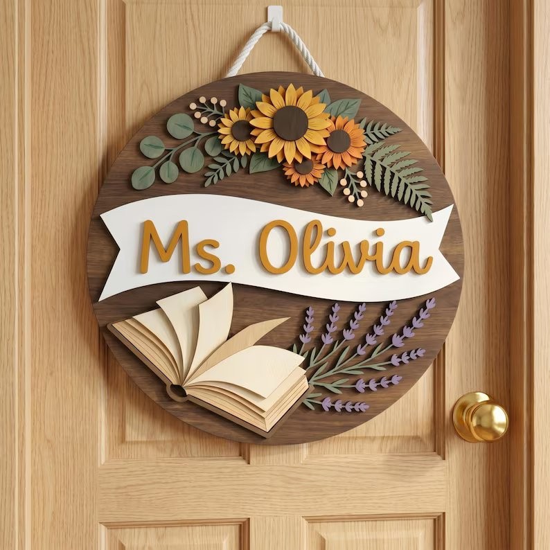 Personalized Teacher Classroom Name Sign, Wood Floral Door Decor