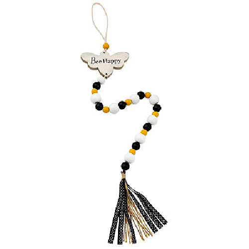 New Black Yellow FARMHOUSE BEADS GARLAND WITH HONEY BEE TAG Wood Bead Swag 27″