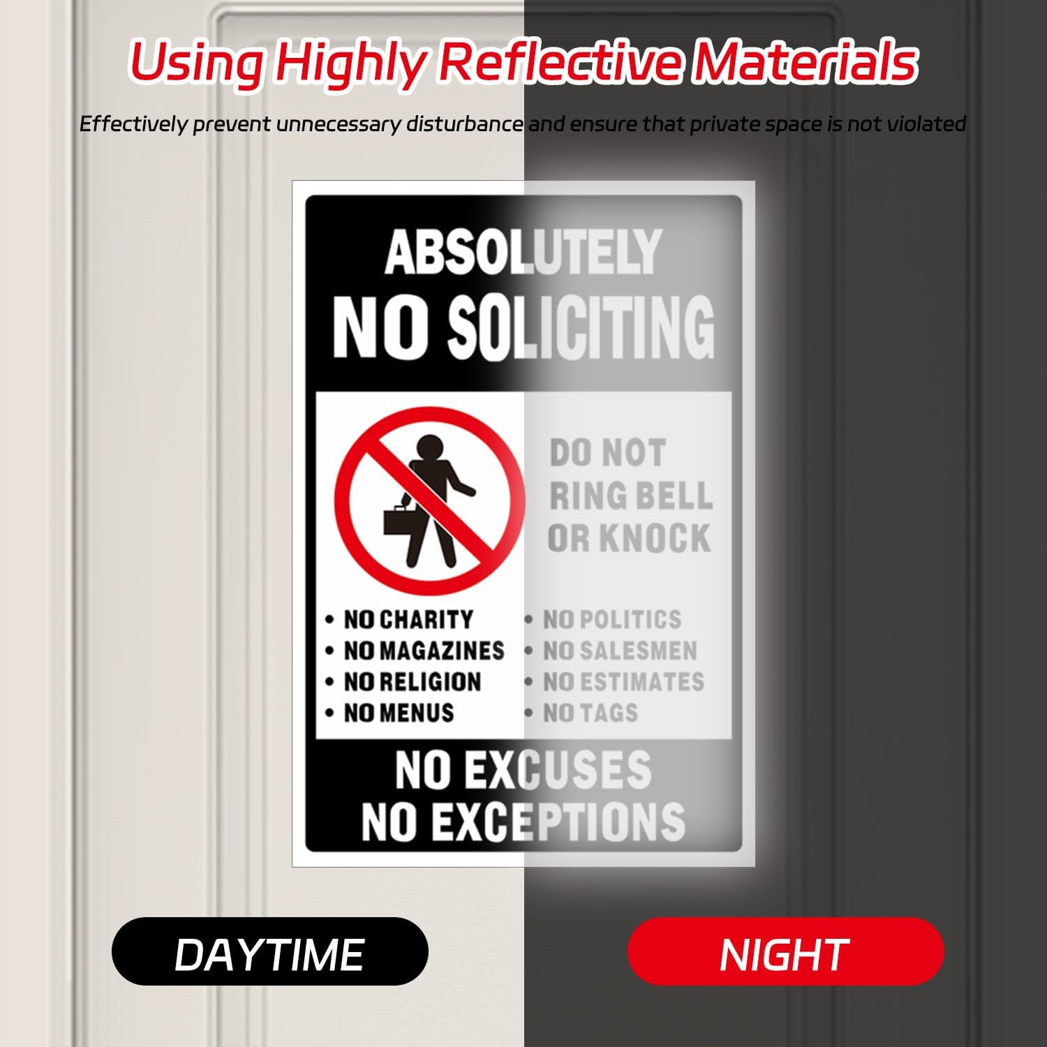 No Soliciting Sign for Front Door, 3 Pack 6X4Inch Reflective Vinyl Stickers |