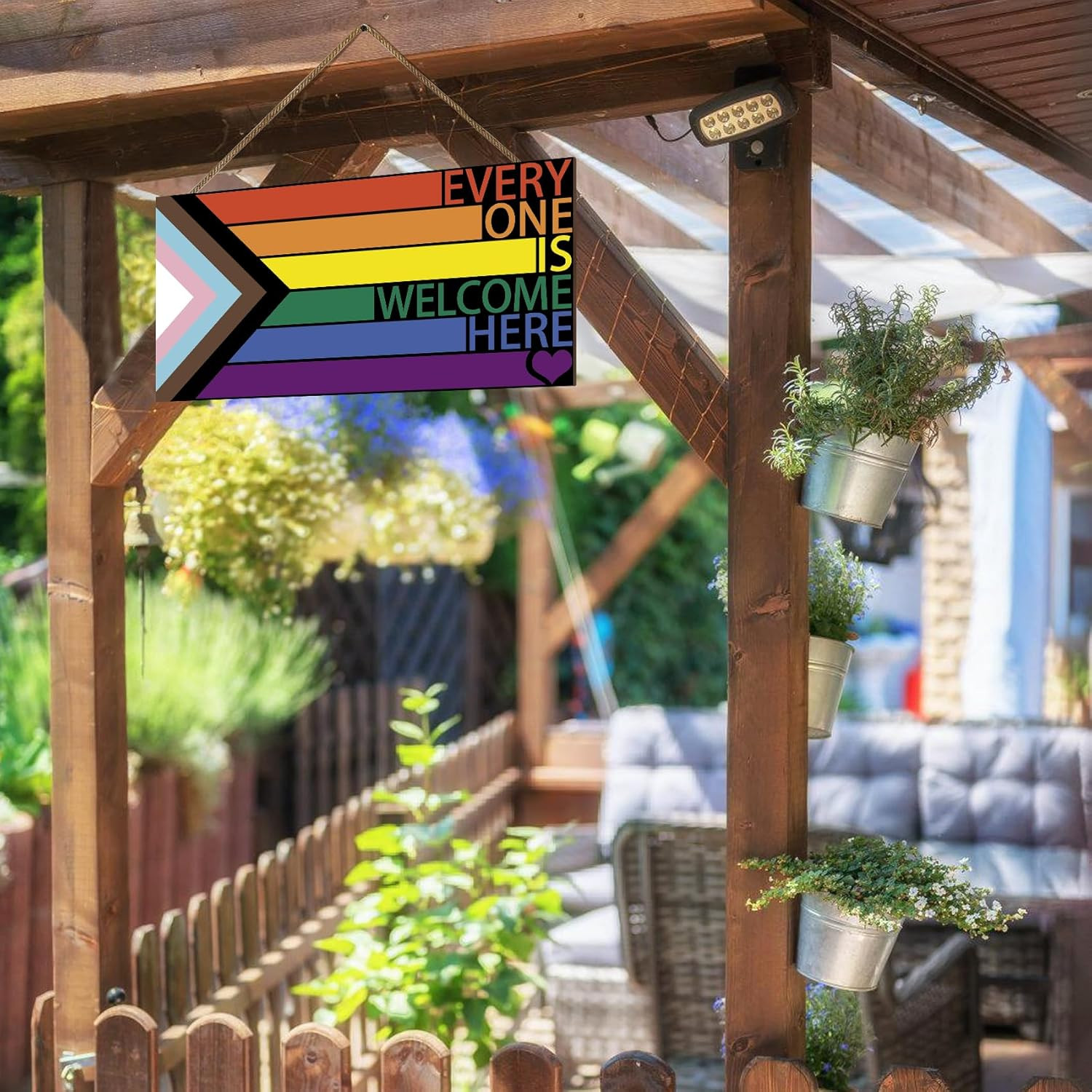 LGBT Rainbow Sign Front Door Decor, Every One Is Welcome Here Pride Flag Wooden