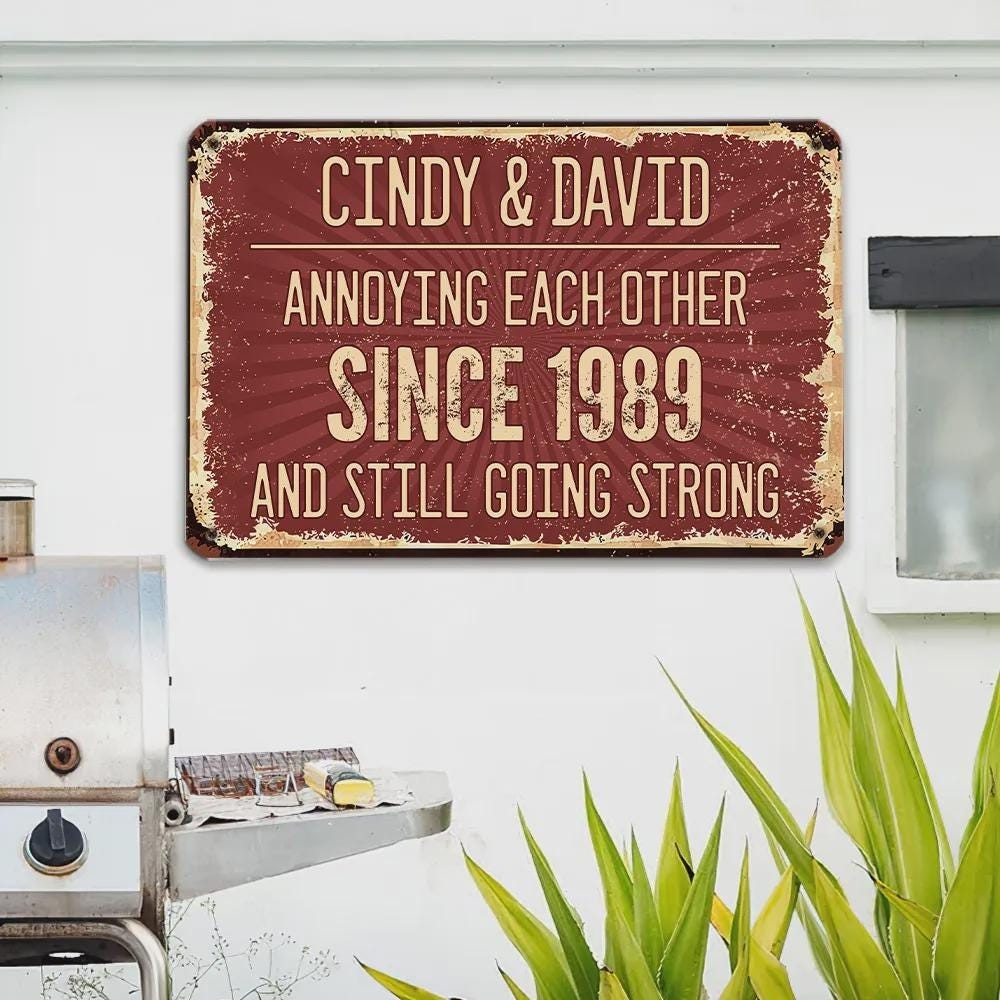 Personalized Anniversary Metal Sign: Funny Couple Gift, Custom Names & Date