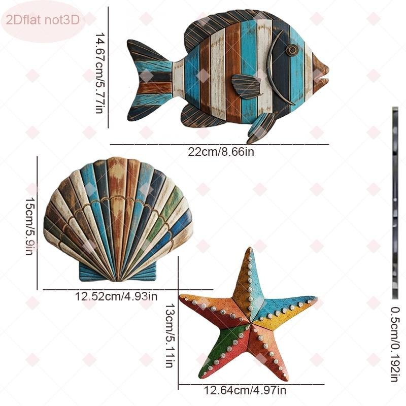 3 Piece Wooden Wall Decor Set American Coastal Style Sea Fish Shells ＆ Starfish