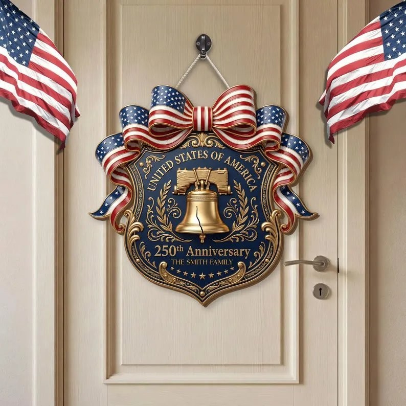 Custom American Patriotic Wooden Door Sign, Liberty Bell, Family Name