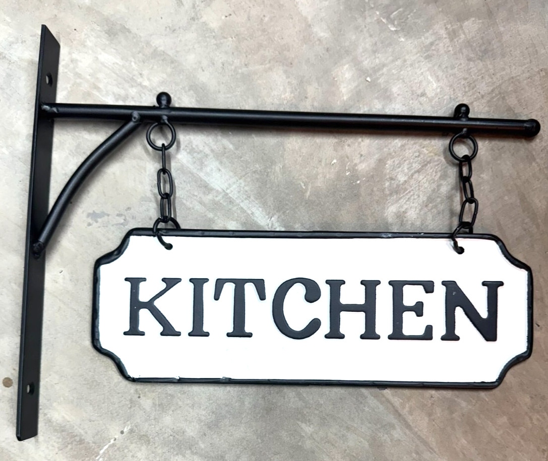 Black White Farmhouse DOUBLE SIDE Enamel Metal KITCHEN SIGN Wall Hanging Bracket