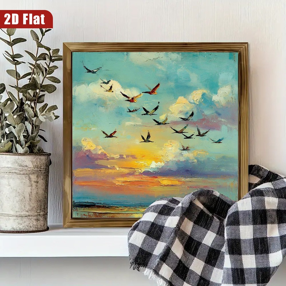 Soft Sunset Sky Flying Seabirds Oil Art Framed Wooden Plaque Home Decor Gift