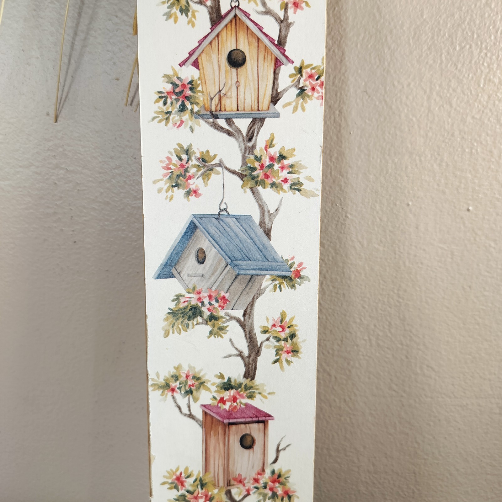 Vintage Wooden Birdhouse Plaque With Tree Vines Hanging 16.5 x 3 inches