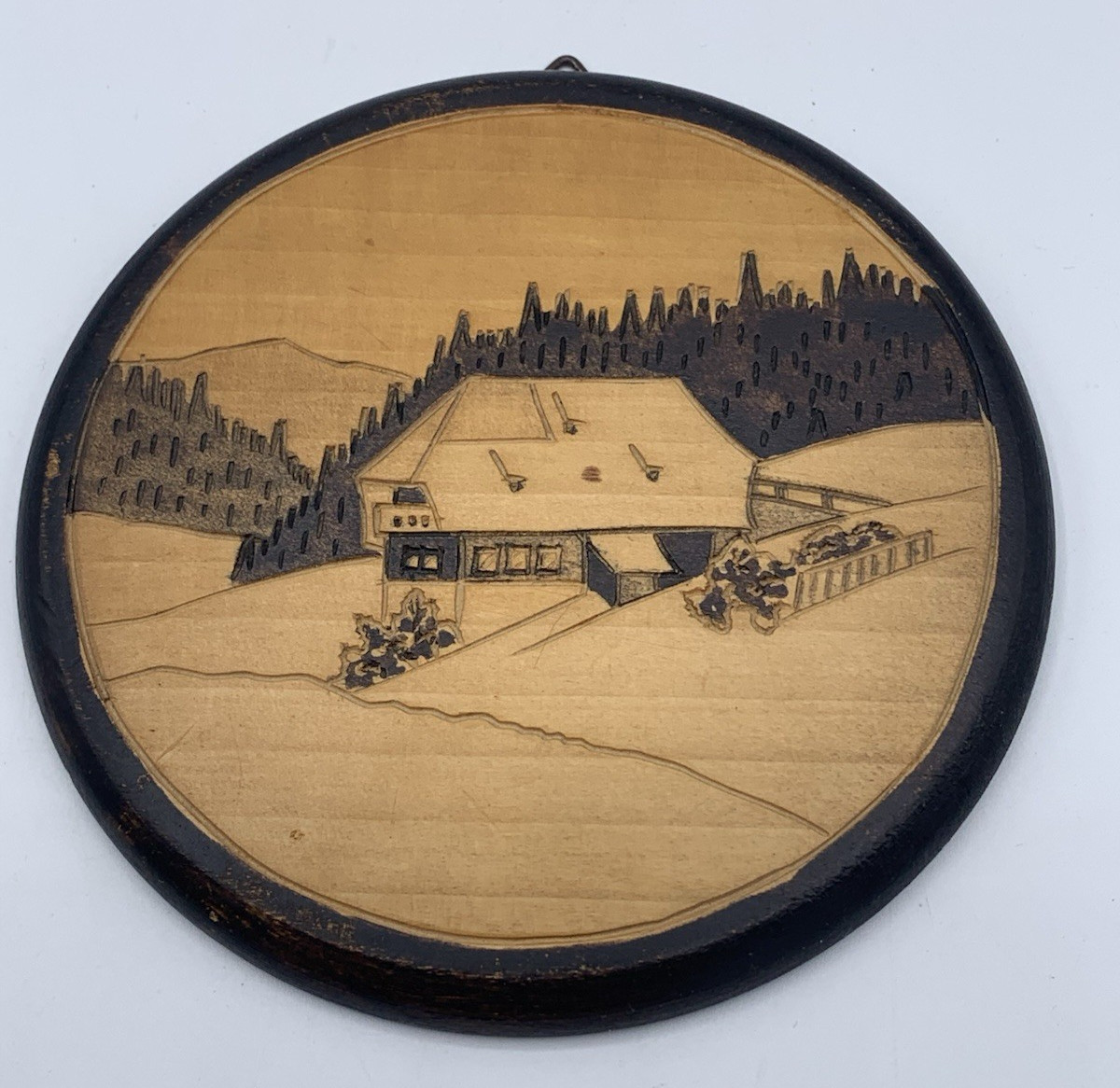 Vintage Inlay Wall Art Handmade Wood Round Country Hillside Scenery