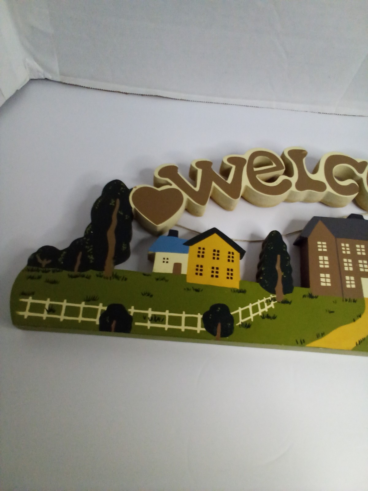 Vintage Folk Art Welcome Sign Houses Trees Hand Painted Cottagecore 19″ x 7″