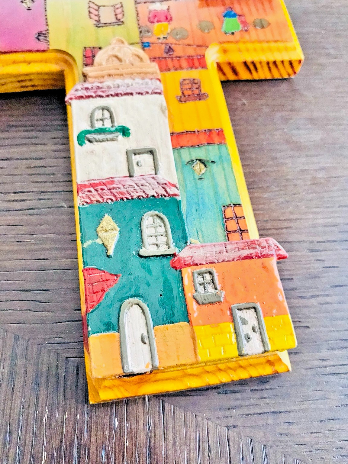 Handmade Peruvian Folk Art Wooden Cross Wall Hanging Set of 3 Village Scene