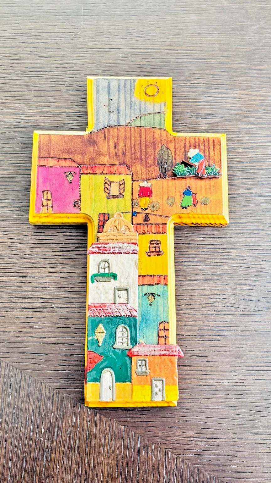 Handmade Peruvian Folk Art Wooden Cross Wall Hanging Set of 3 Village Scene