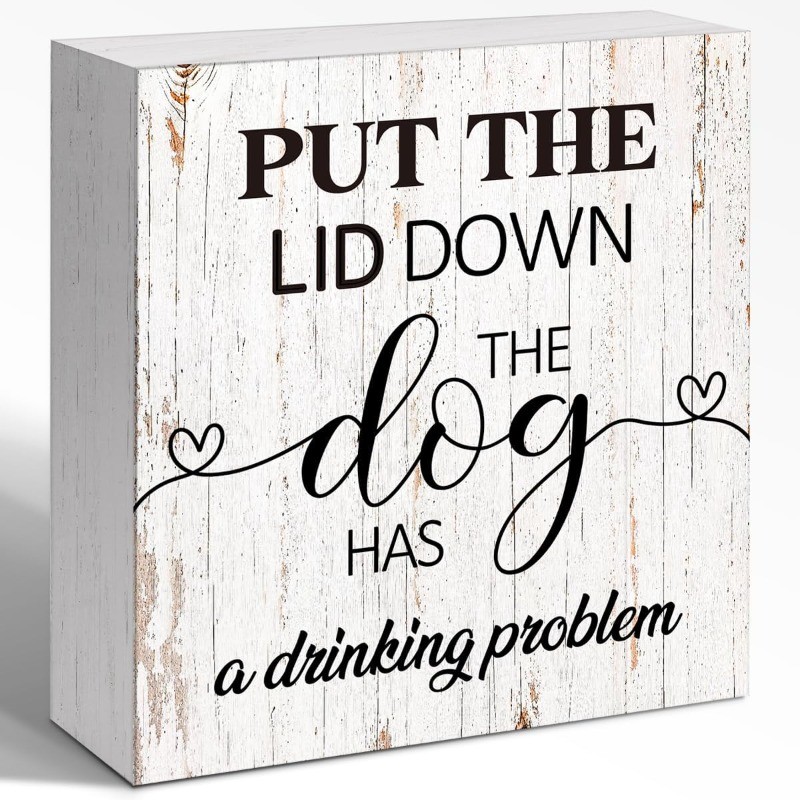 Funny “Put The Lid Down” Dog Quote Wooden Box Sign Bathroom Decor Plaque