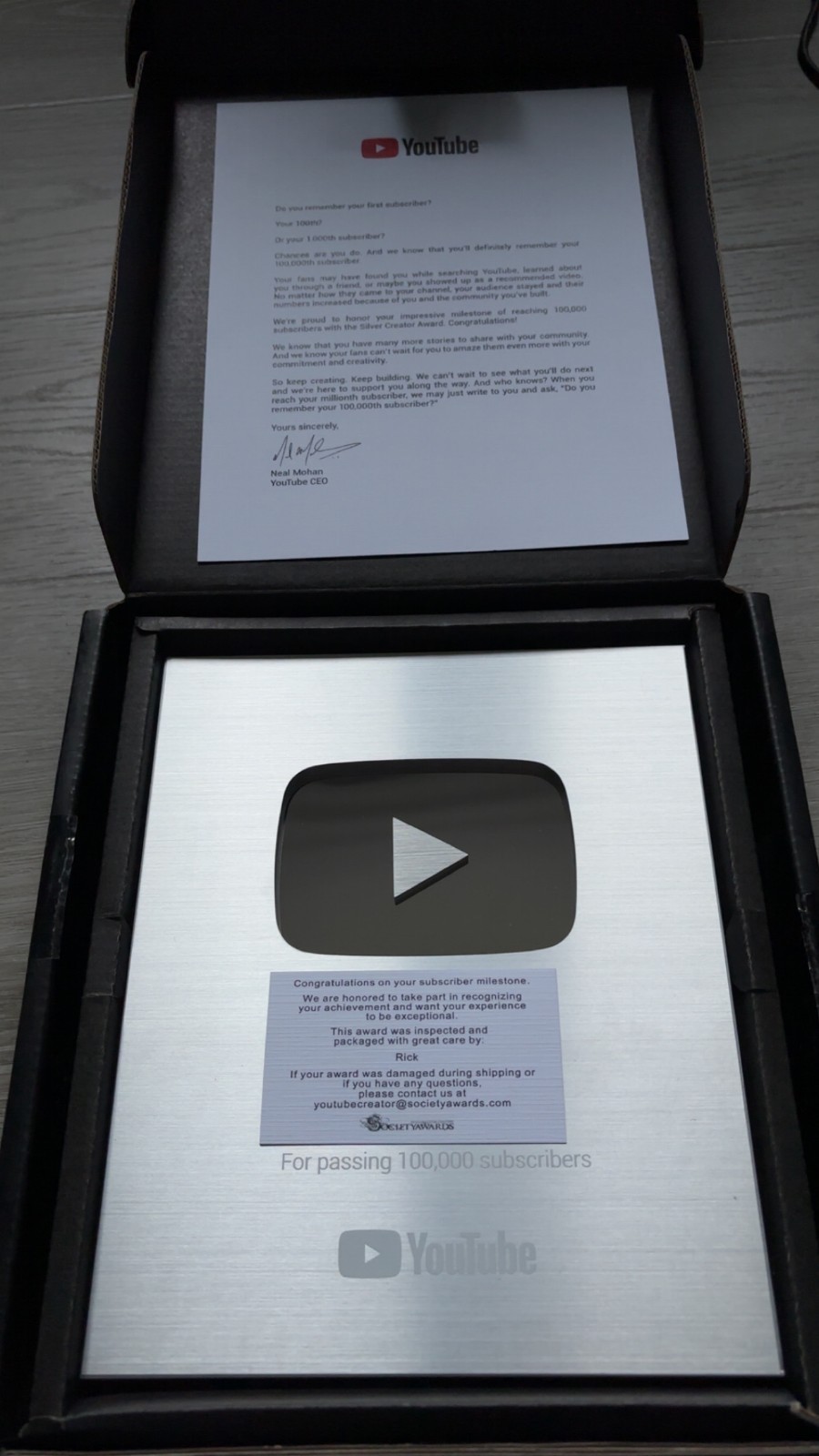 Genuine YouTube Creator Award – Silver Play Button Plaque (IN STOCK)
