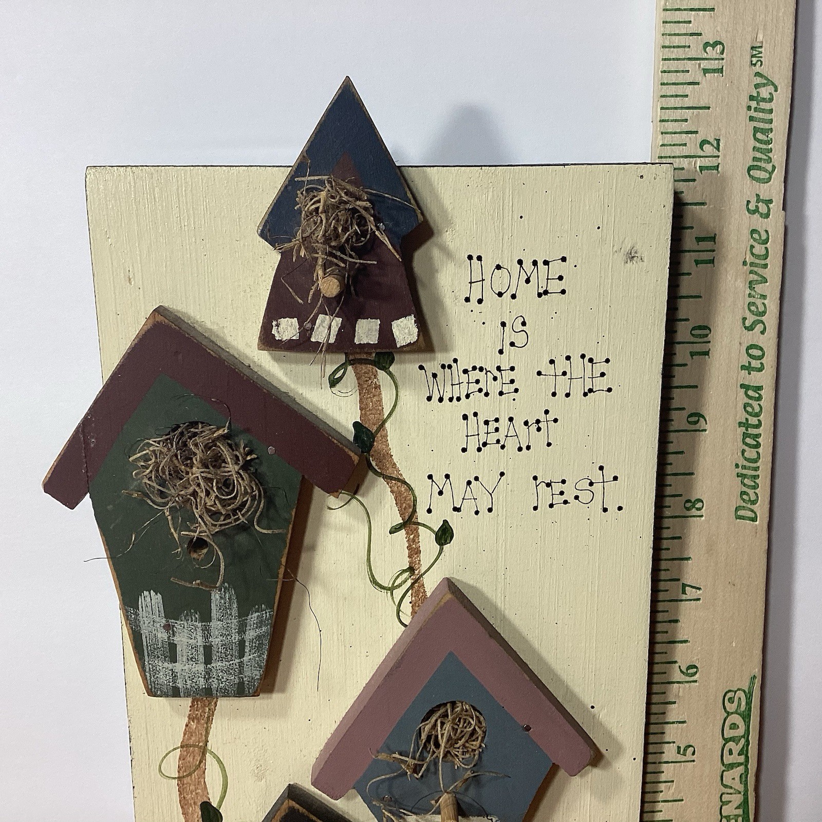 Hand Painted Wooded Primative Plaque Wall Hanging Bird Houses Home Quote