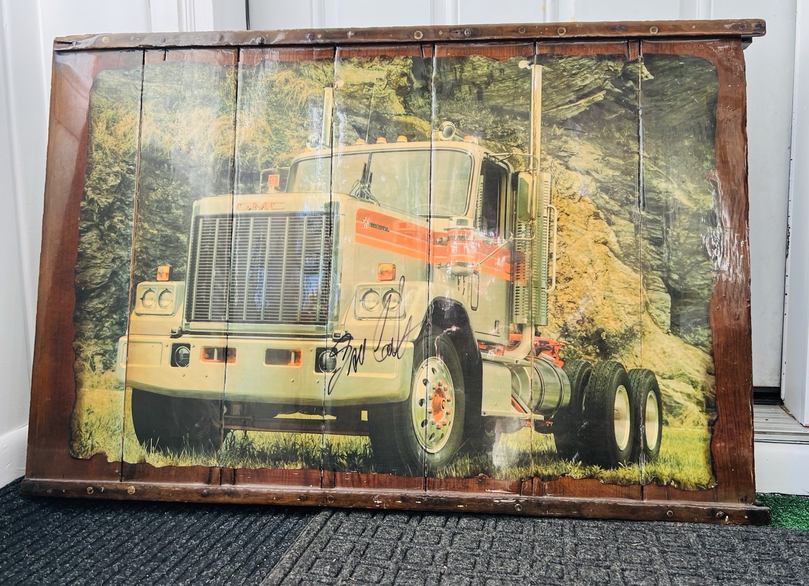 Vtg. GMC General Big Rig Semi Truck Signed XL 36×24 Wood Plaque Glossy Wall Art