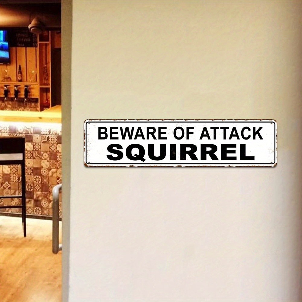 Beware Of Attack Squirrel Vintage White Metal Sign Funny Yard Outdoor Wall Decor