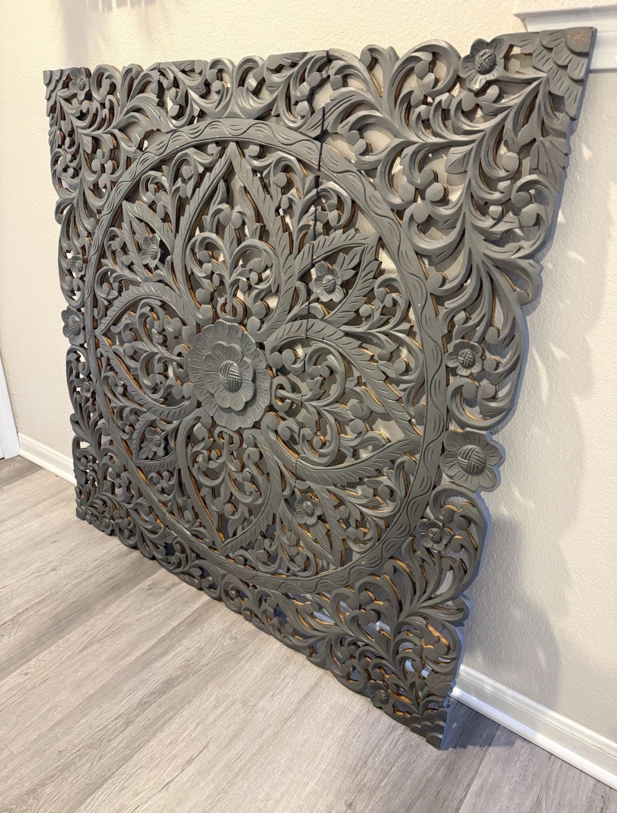Wall Art 3 Panels Floral Mandala Latticework Design Teak Wood Handcrafted 48”