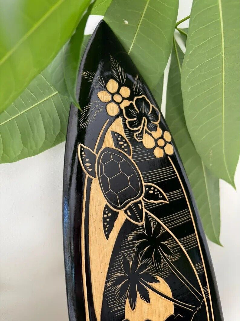 Hawaii Hand Made 20″ Carved Wood Surfboard Home Hanging Decor Engraved Turtle