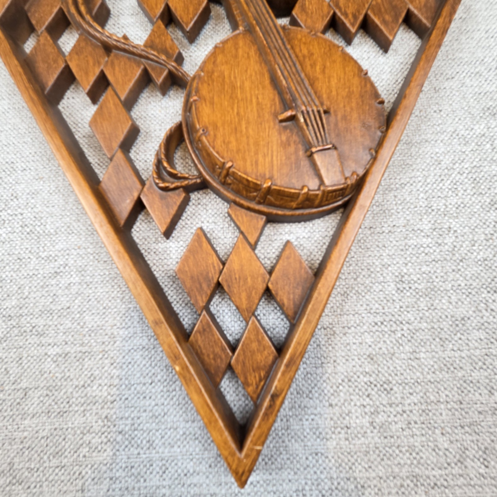 Vintage Set Of 1960s Mid Century Folk Art Musical Wall Plaques Of Violin & Banjo