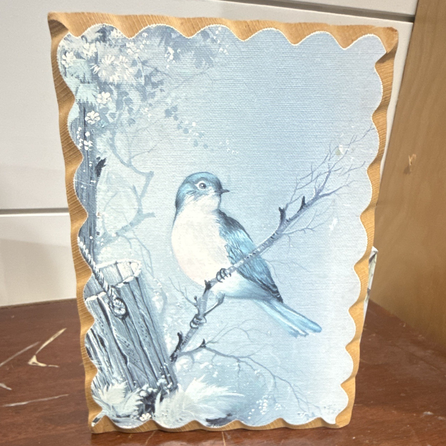 Blue White Bird on Branch Wood Wall Plaque, Rectangular Vertical Hanging Decor