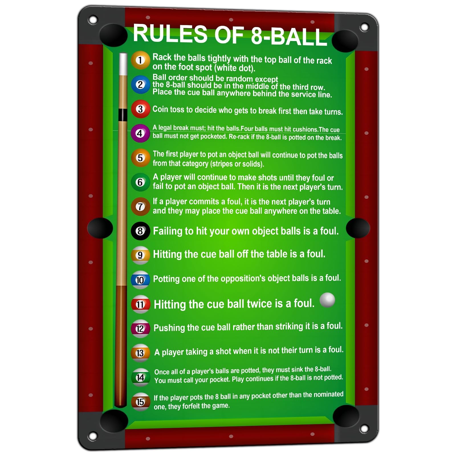8 Ball Pool Rules Aluminum Sign 8x12in Billiard Room Wall Art Decor