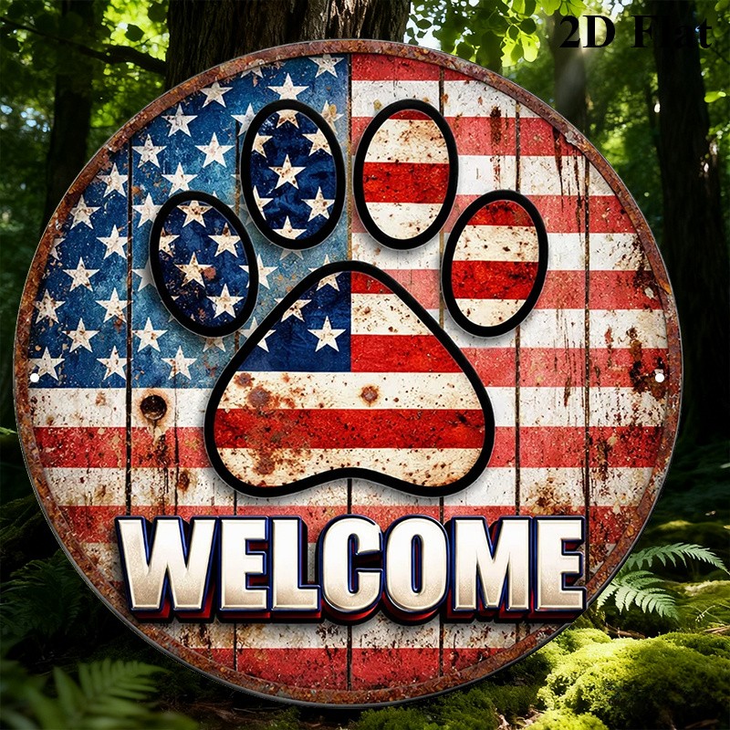 2D “American Flag Paw ” Vintage Patriotic Metal Sign Room Kitchen Garage Decor