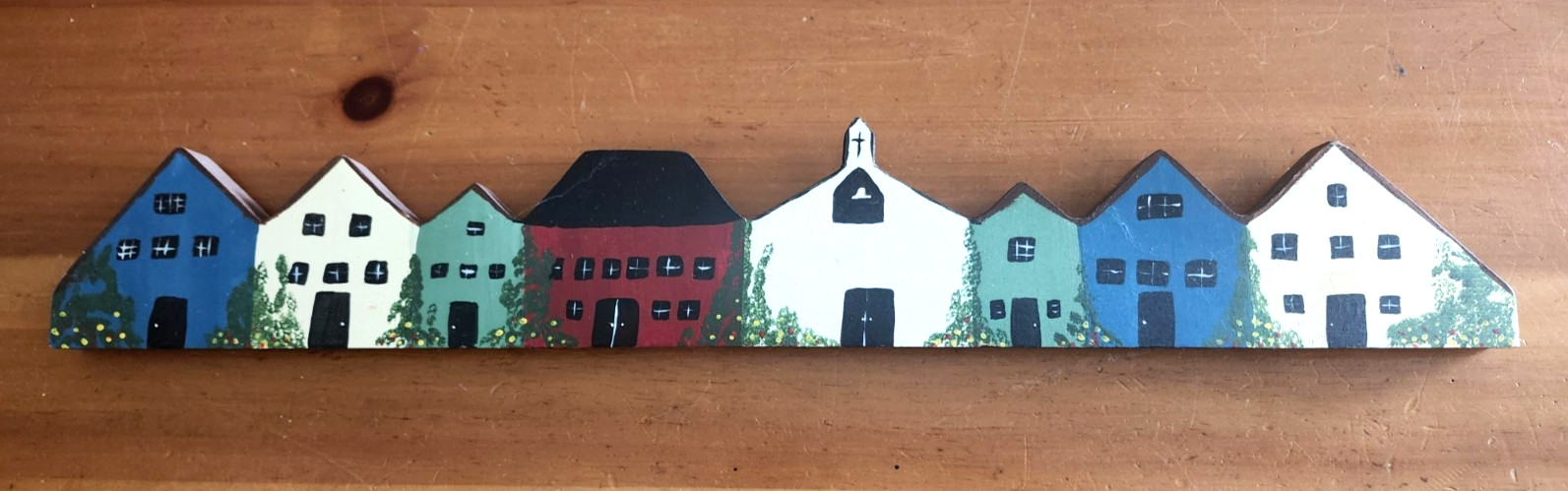VTG Folk Art Decor Row of Colonial Houses Handmade Wooden Signed by Artist