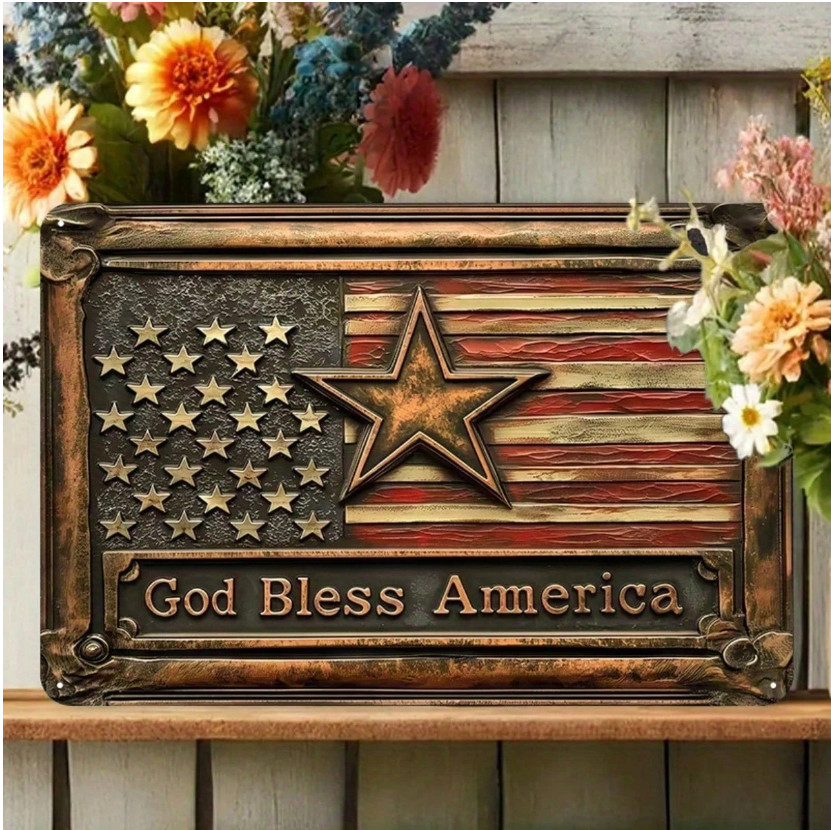 God Bless America Metal Sign American Flag Patriotic Wall Decor 8×12 Plaque