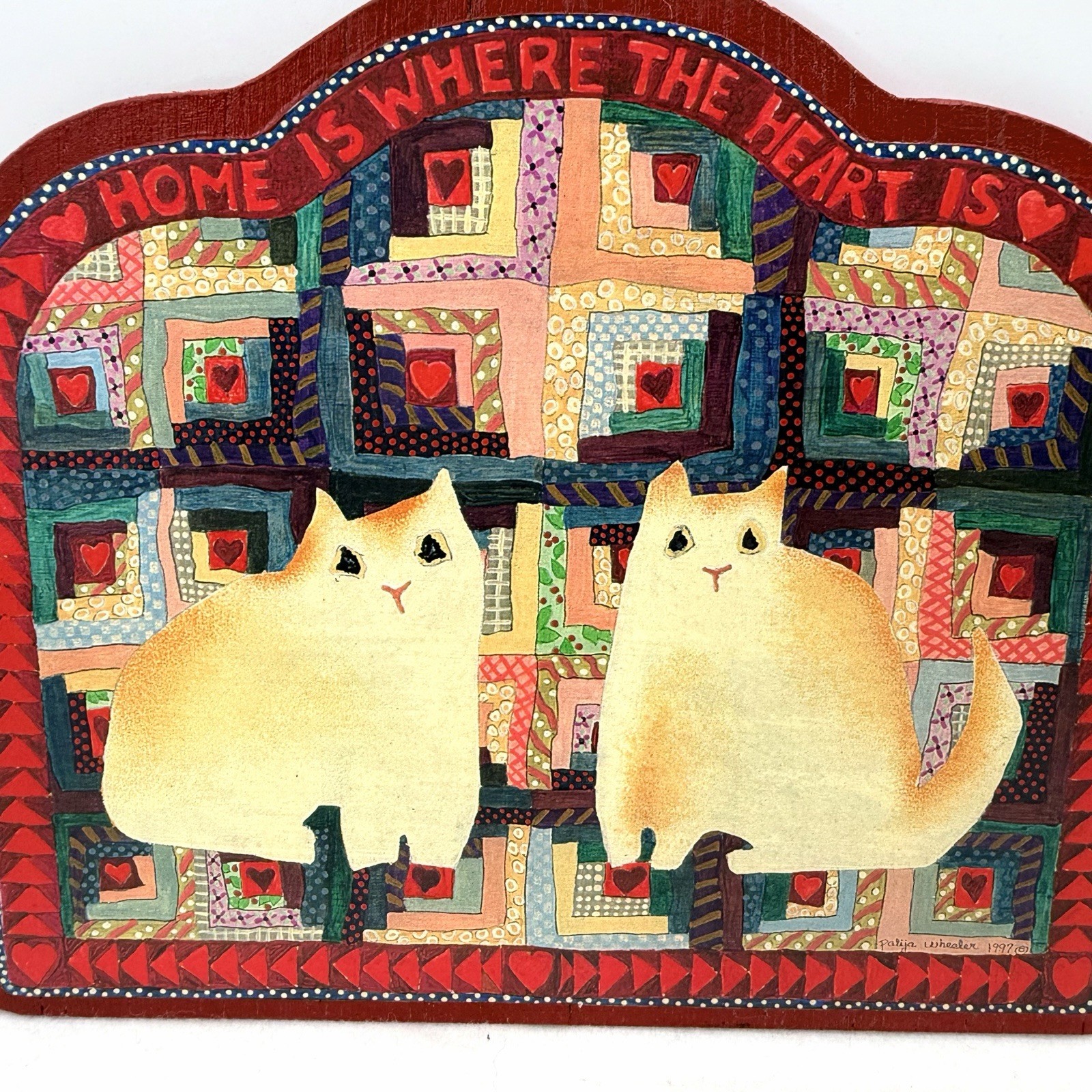 Vintage Handmade Country Cats Wooden Folk Art Plaque -Home Is Where The Heart Is
