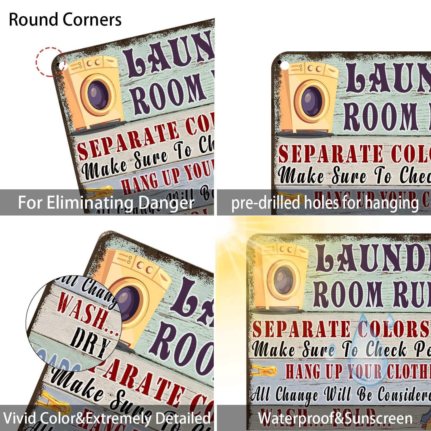 Funny Laundry Room Rules Metal Tin Sign Vintage Wall 12×8 inches, Earth tones