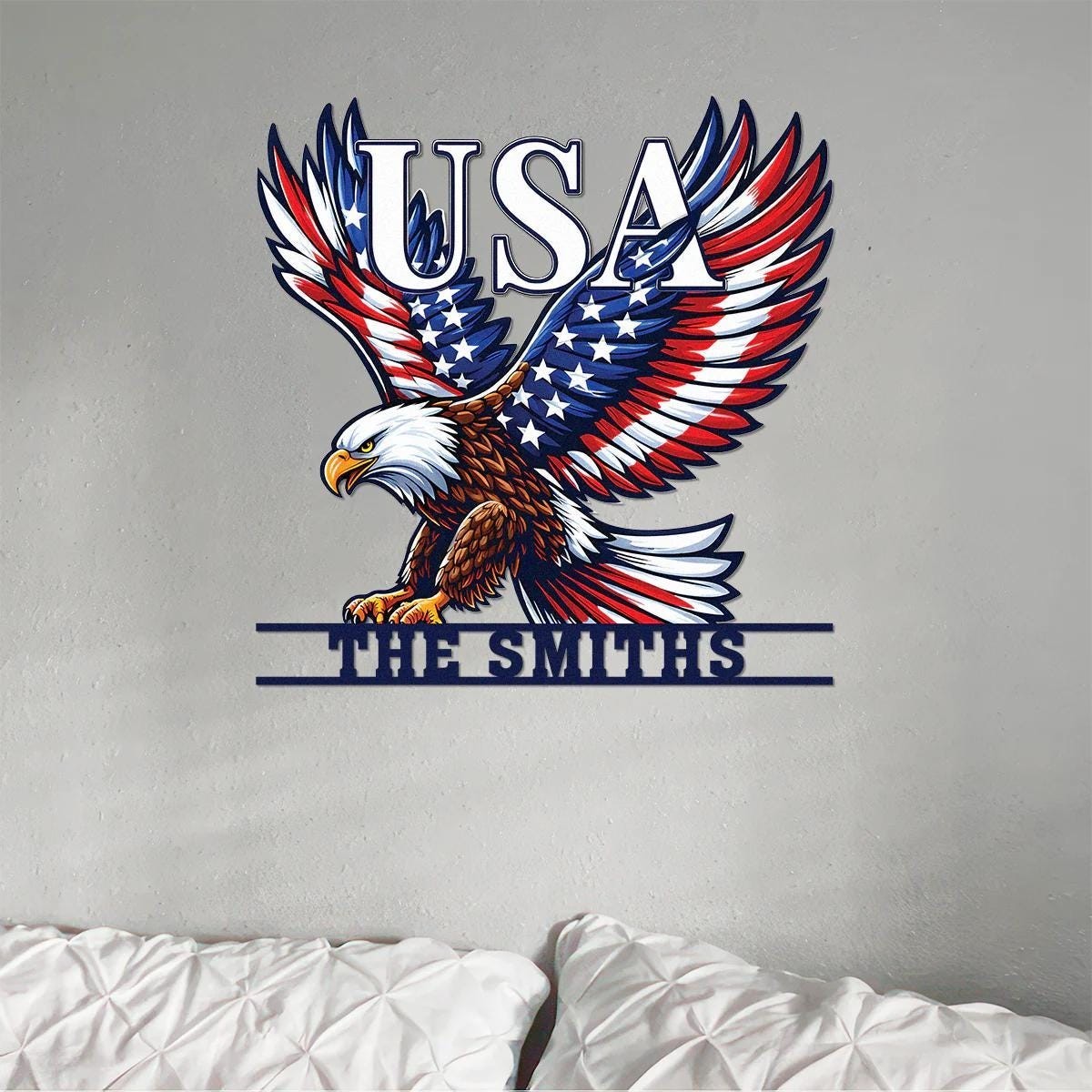 Custom USA Eagle Metal Sign, Patriotic Family Name Wall Art, American Flag Eagle