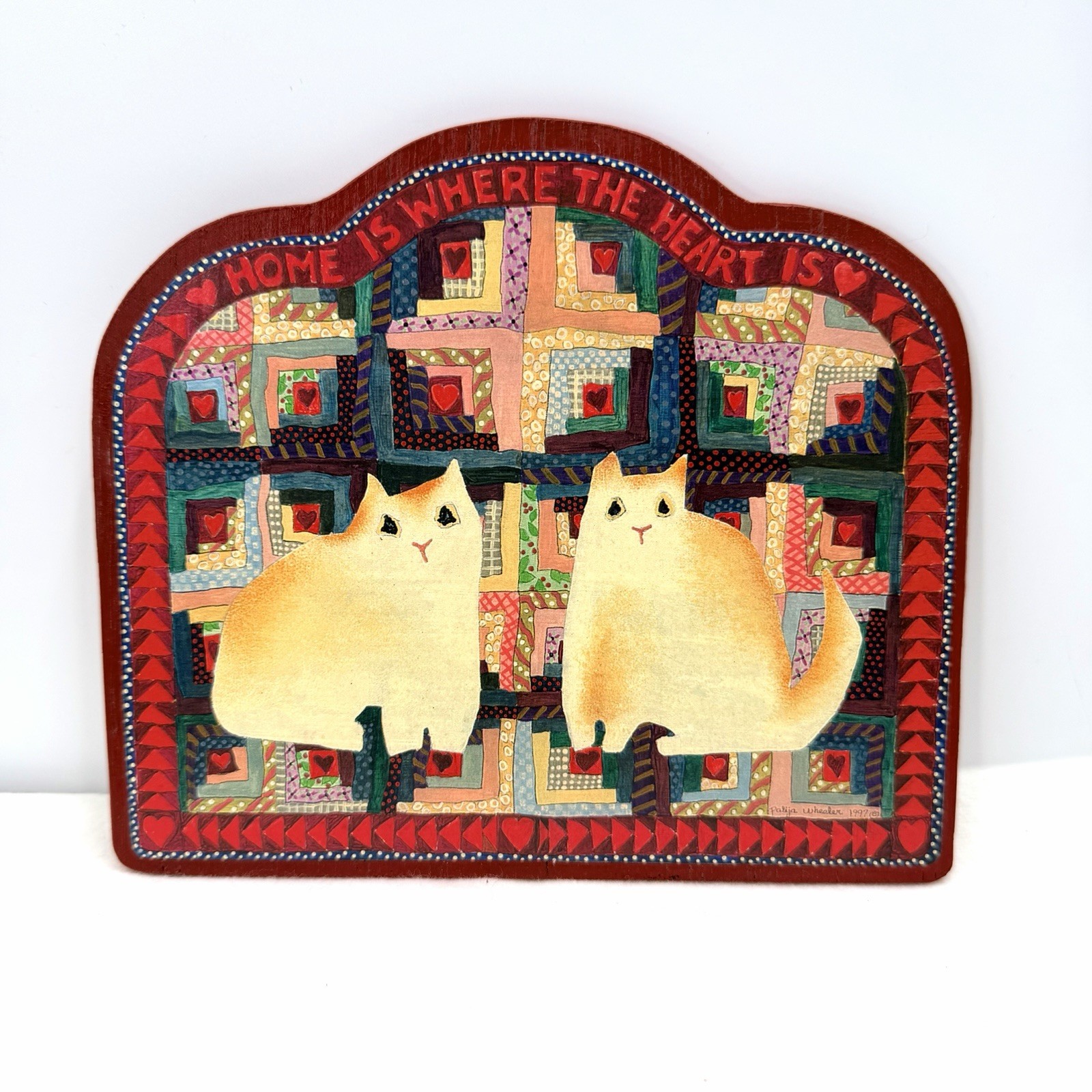 Vintage Handmade Country Cats Wooden Folk Art Plaque -Home Is Where The Heart Is