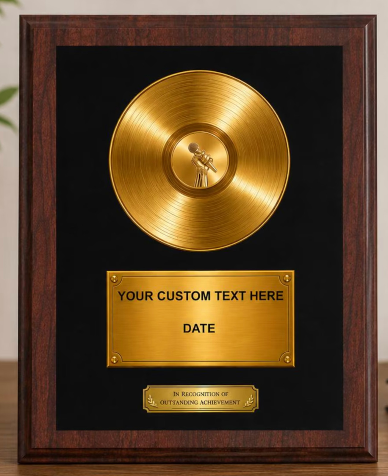 Gold Vinyl Record Award on Wood Plaque Custom 8×10