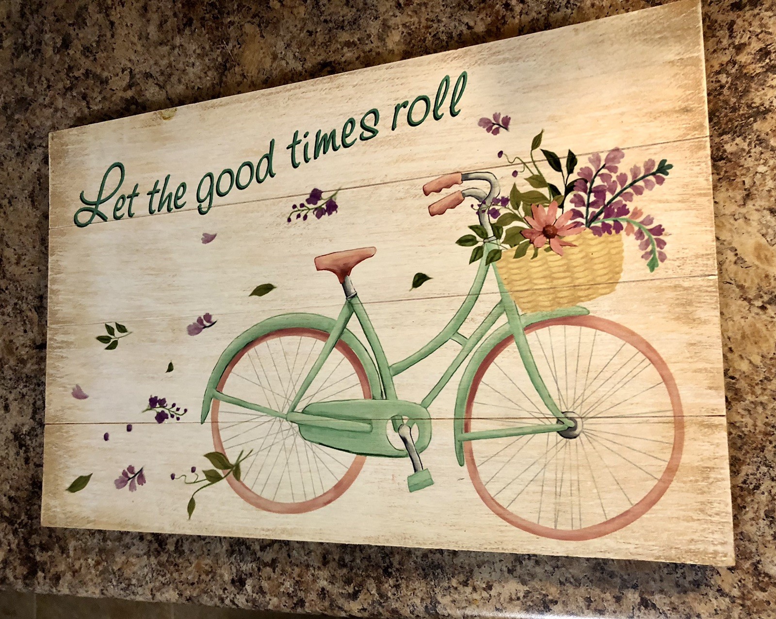 Home Wooden Wall Hanging Picture Green Bicycle 17×11 Let The Good Times Roll