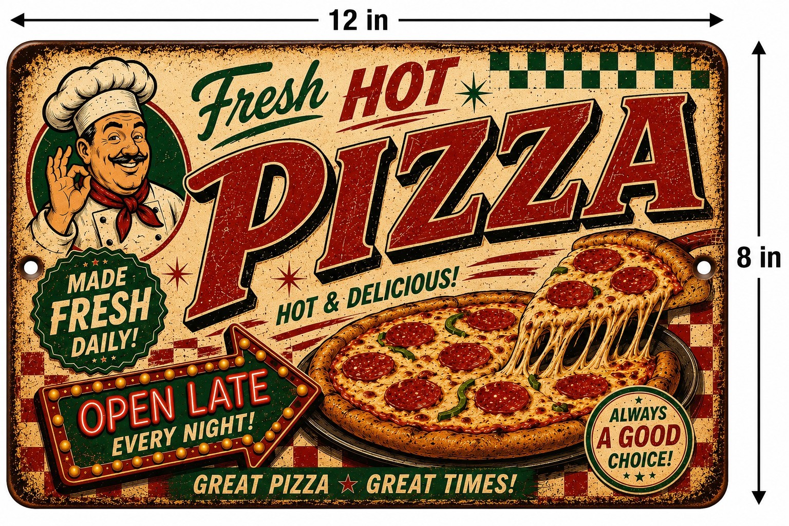 Fresh Hot Pizza Retro Metal Sign Vintage Pizzeria Wall Decor 8×12