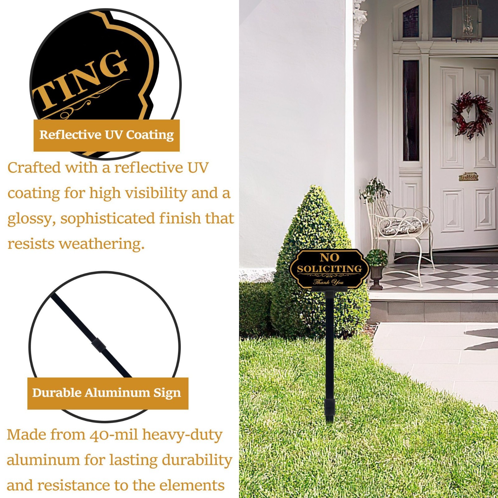 No Soliciting Sign for Front Door & Yard – Aluminum 14×7 inch, 36 inch Stake (2